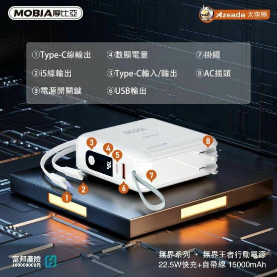 【Azeada】 PD-P110 無界王者 15000mAh 行動電源 兩用式 22.5W快充自帶線多合一 AC插座 【Azeada】 PD-P110 無界王者 15000mAh 行動電源 兩用式 22.5W快充自帶線多合一 AC插座